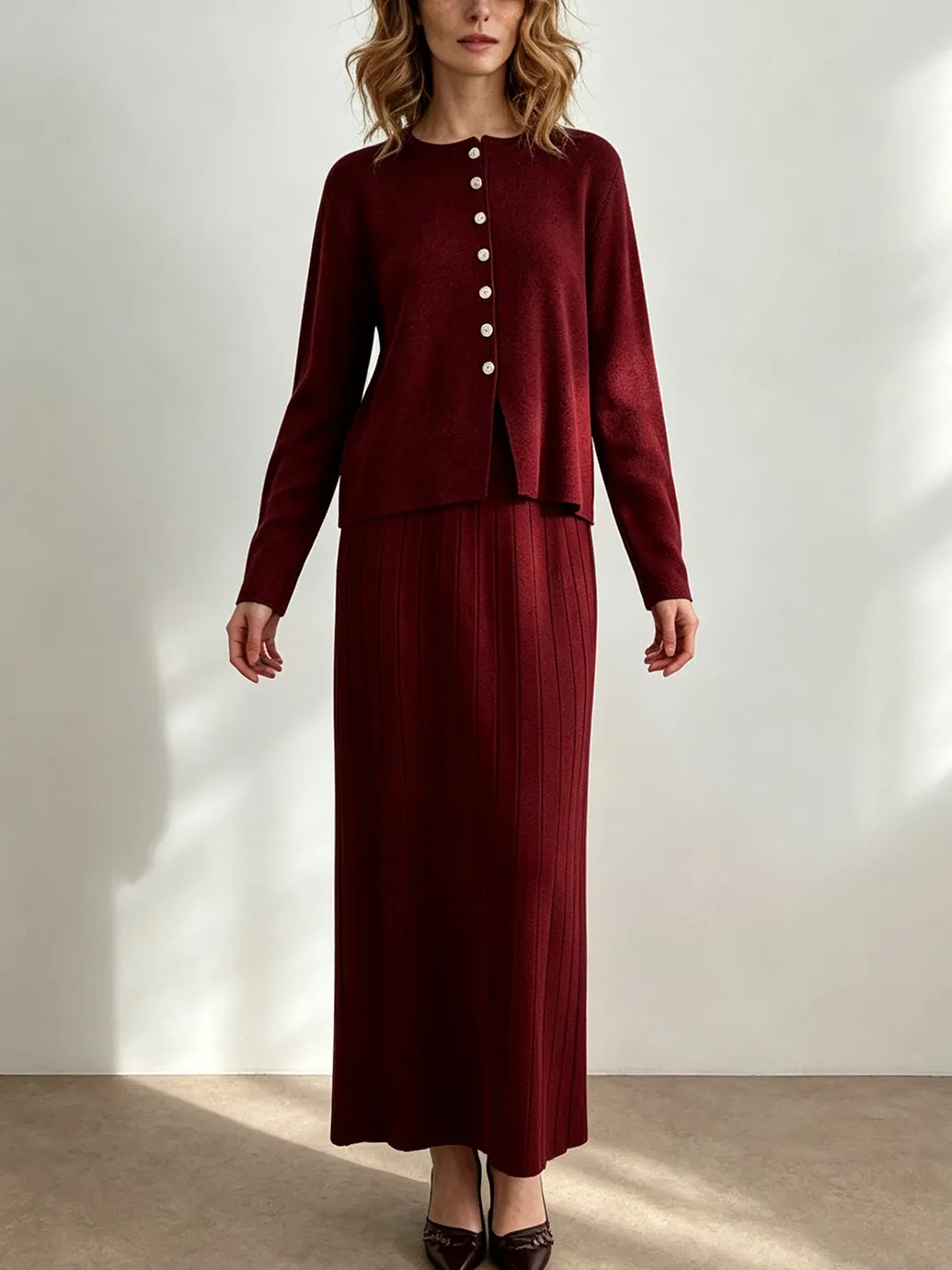 Women Top And Bottom Elegant Cotton Polyester Blend Knitwear Set Round Neck Long Sleeve Cardigan And Ribbed Midi Skirt Outfit