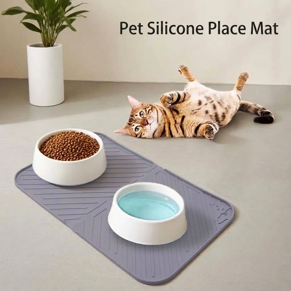 Food Grade Silicone Pet Placemat Waterproof Non-slip Cat Dog Feeding Mat Easy Clean Rectangular Grey Bowl Mat For Indoor Home
