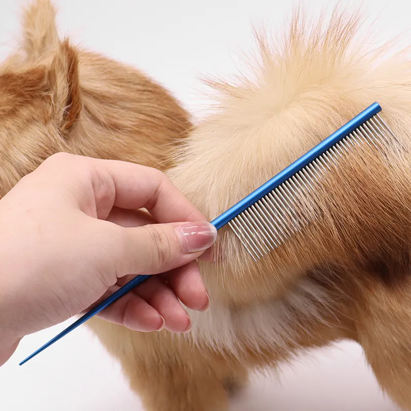 Professional Stainless Steel Pet Grooming Comb Rat Tail Dematting Hair Remover Pin Comb For Dogs Cats Metallic Handle Tool
