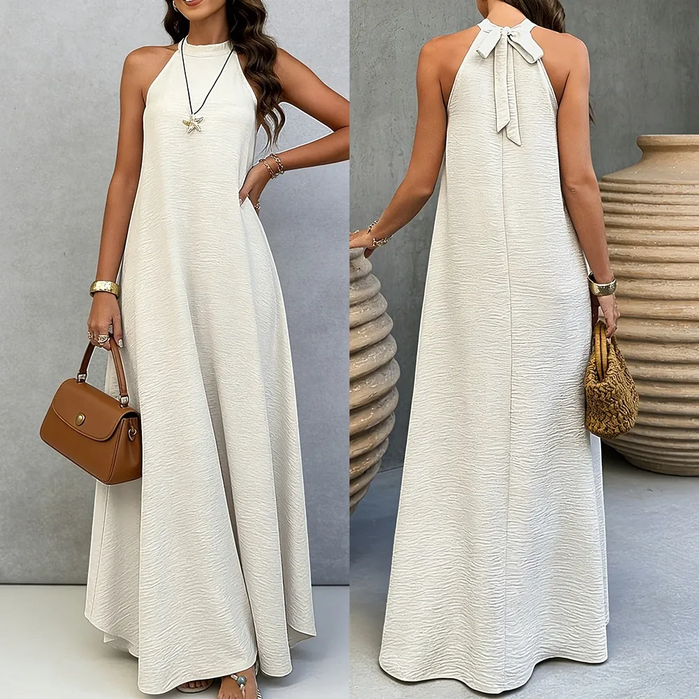 Robe Longue à Dos Nu pour Femme Été Soie de Glace Froissée Sans Manches Dos Nu Nœud Large Robe de Plage Vacances