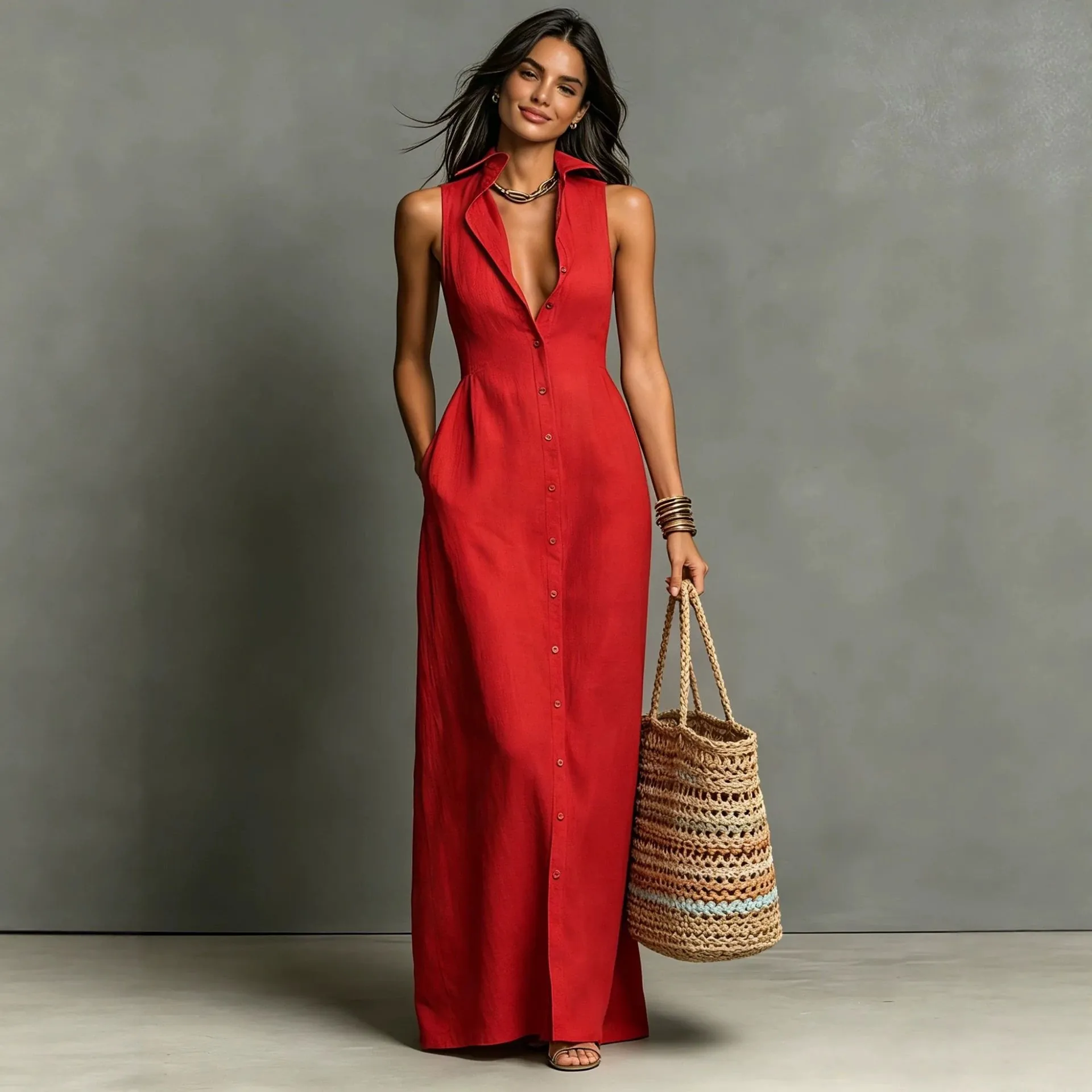 Vestito Lungo Casual da Donna Senza Maniche con Rever Estate Tinta Unita Monopetto Bottoni Abito Camicia Lungo con Tasche Poliestere Linea A