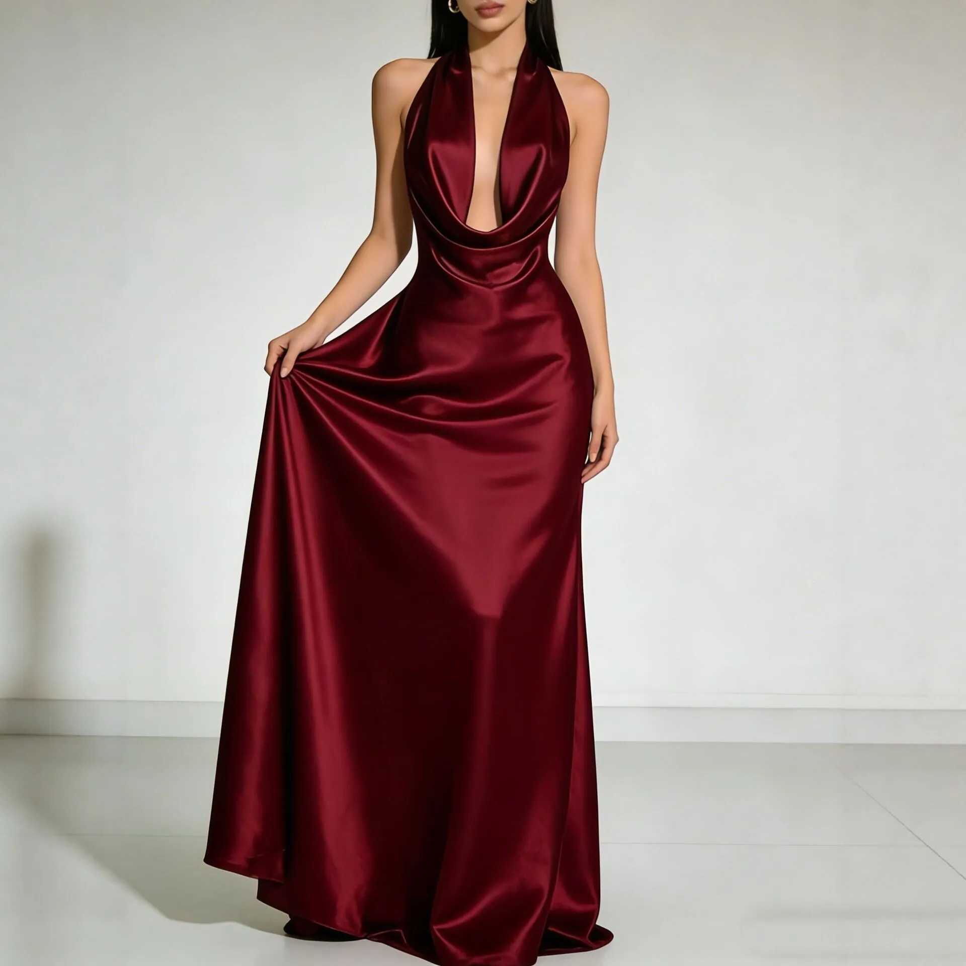 Dames Sexy Halster Rugloos Satijnen Avondjurk Diepe V-Hals Maxi Gown Party Bruidsmeisje Formele Lange Jurk