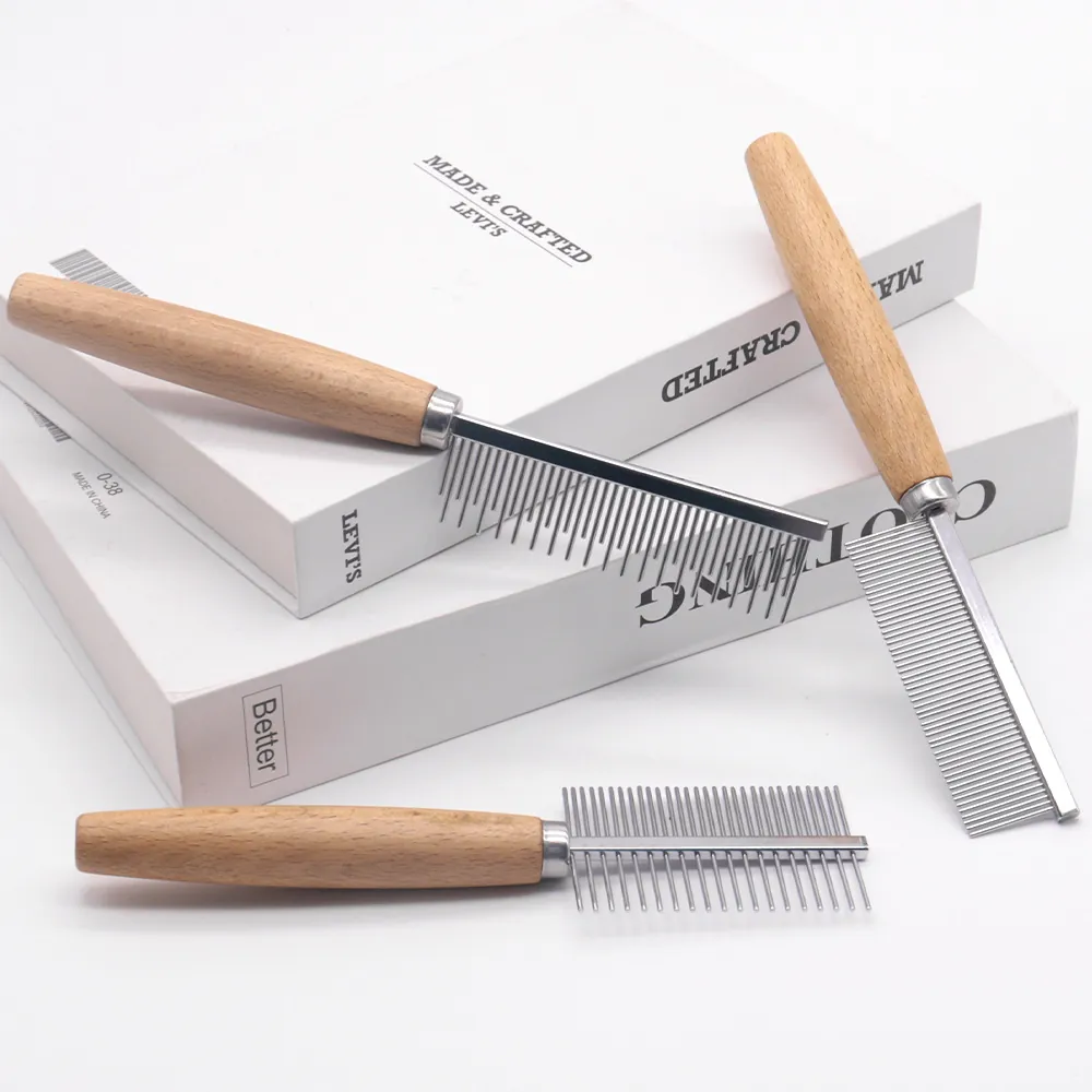 Professional Pet Grooming Comb Stainless Steel Teeth Wooden Handle Hair Shedding Flea Removing Tool For Dogs And Cats