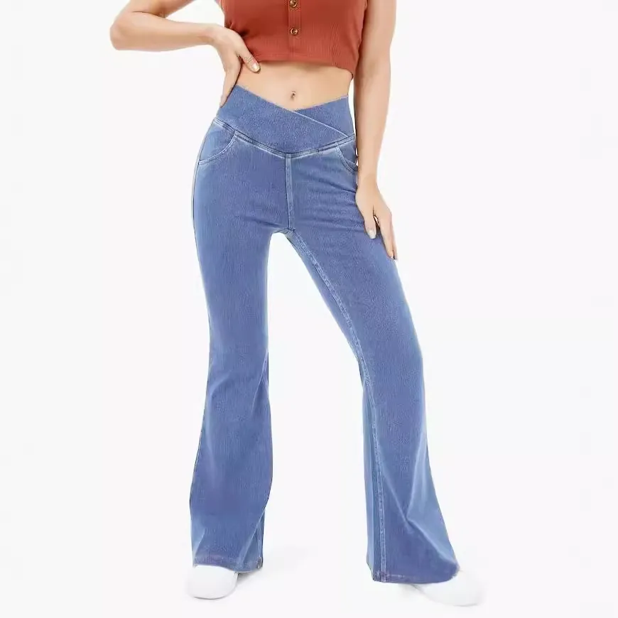 Women High Waist Crossover Flare Jeans Elastic Spandex Oxford Cloth Bell Bottom Denim Pants Casual Antibacterial Trousers