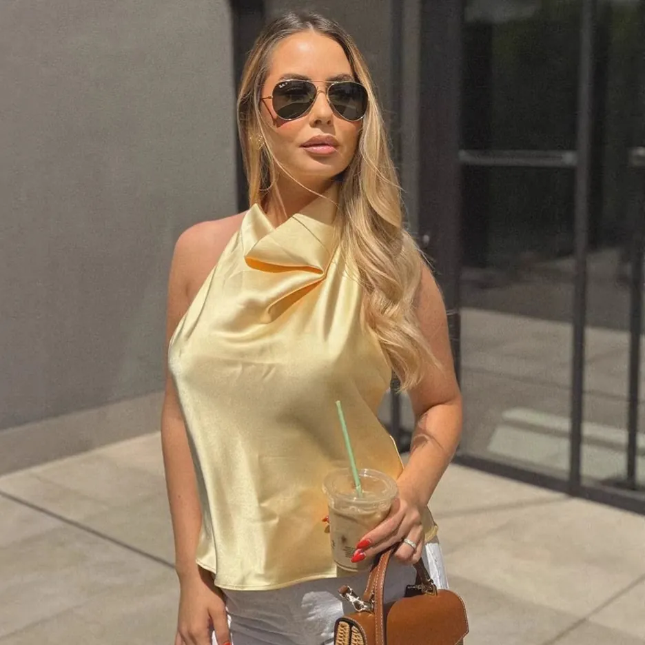 Dames Halternek Gedrapeerde Kraag Satijnen hemdje Sexy Rugloos Mouwloos Top Elegant Gedrapeerd Effen Kleur Zomerfeest Slim Tanktop