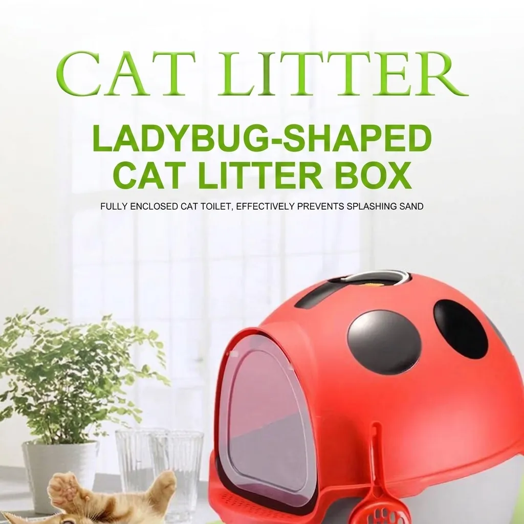 Ladybug Shape Fully Enclosed Cat Litter Box Extra Large Anti-Splatter Deodorizing Enclosed Pet Toilet with Scoop PP Material