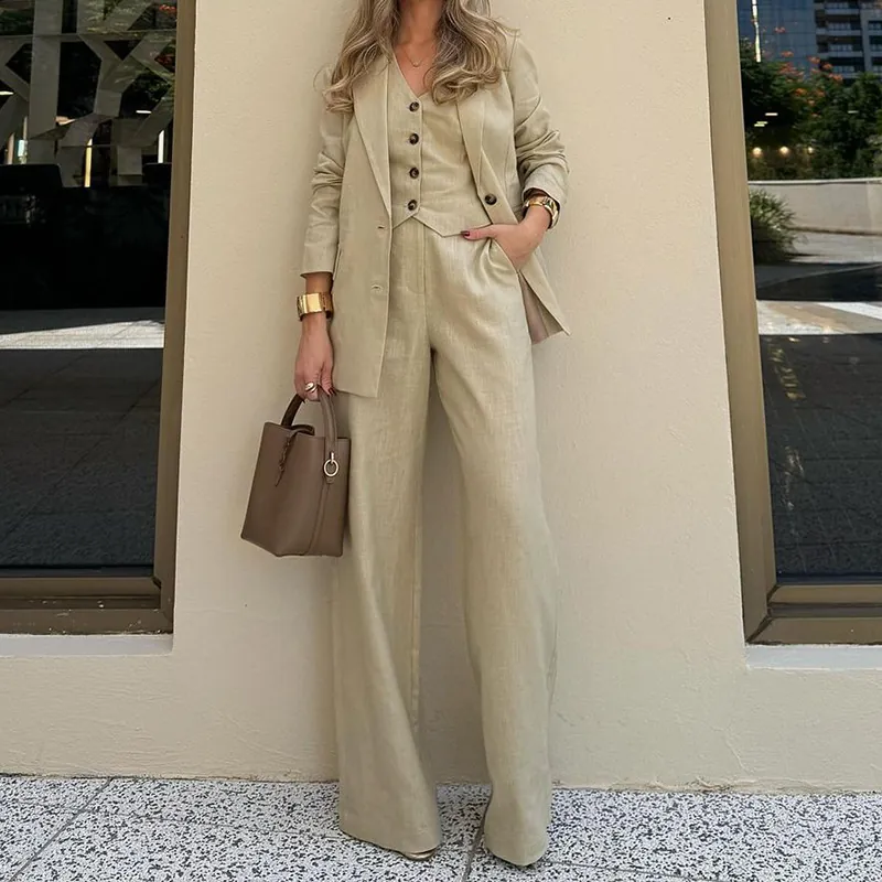 Damen Eleganter Blazer Weste Und Weite Hose Set Polyester Einfarbig Pendeln Büro Mode Outfit Kleidung