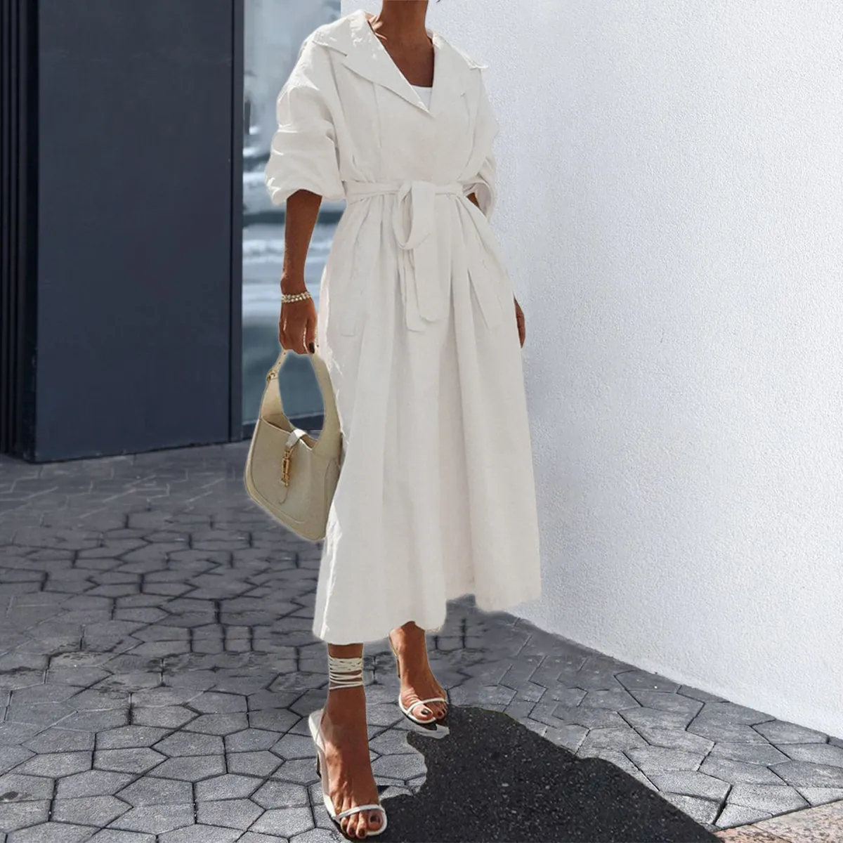 Dames Mode Elegante Effen Kleur Lange Mouw Trenchcoat Met Taille Riem Middenlengte Geweven Windjack Streetwear Bovenkleding