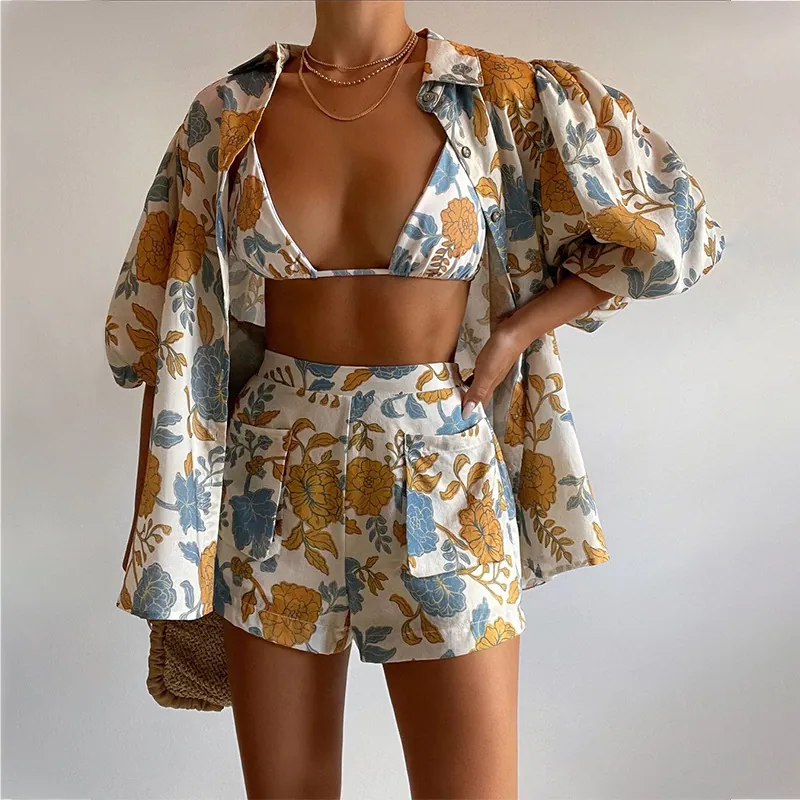 Damen Blumendruck 3-Teiliges Set Mode Laternenärmel Hemd Unterhemd Und Shorts Set Urlaubsstil Top Und Hose