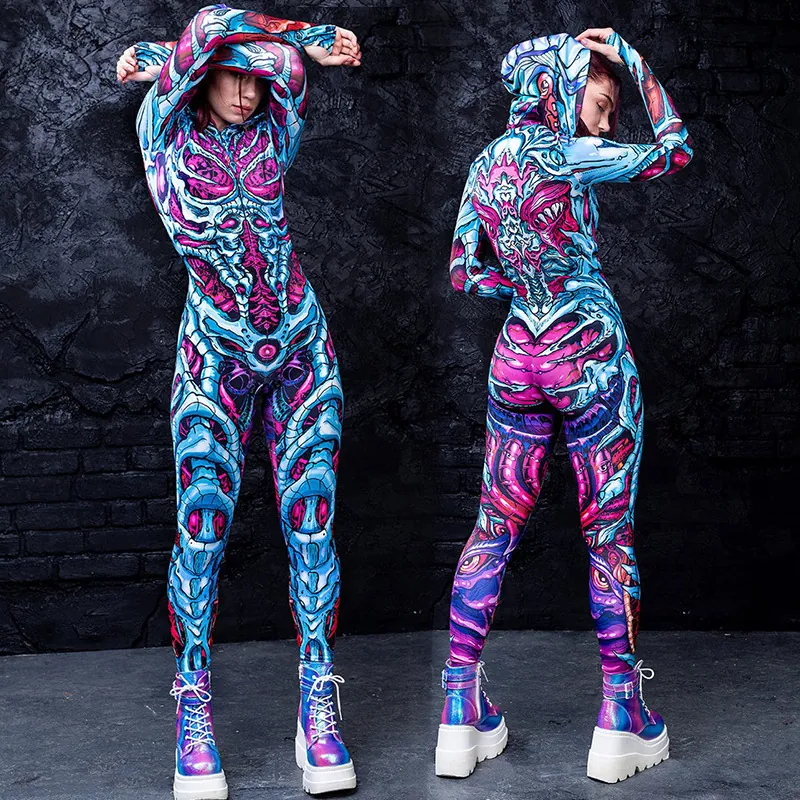 Damen Halloween Skelett Druck Overall Horror Zombie Kostüm Kapuze Langarm Slim Fit Bodycon Party Bühne Outfit