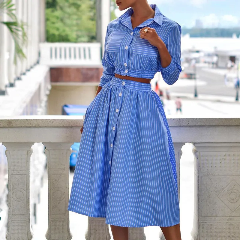 Women Striped Long Sleeve Top And High Waist A Line Midi Skirt Polyester Matching Outfit Elegant Office Lady Fashion Clothes
