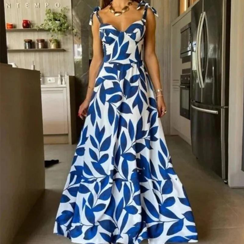 Vestido Maxi de Flores de Cintura Alta para Mujer Elegante Estampado Botánico Sin Mangas con Lazo Vestido Largo Línea A