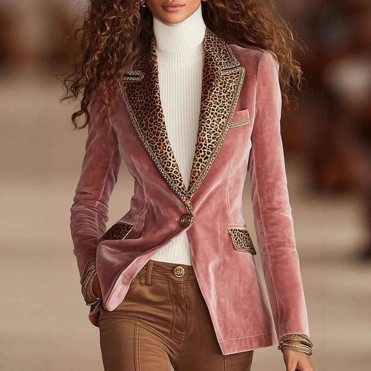 Blazer in Velluto da Donna Slim Fit Giacca Manica Lunga Patchwork Leopardato Collo a Revers Bottone Singolo Velluto Top C88077