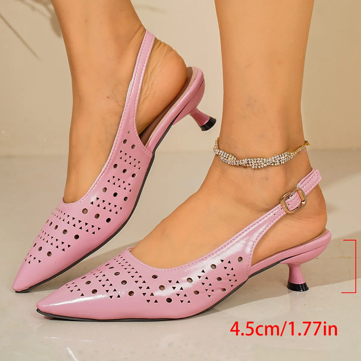 Chaussures Femme à Bout Pointu Découpe Laser Slingback Petit Talon Sandales Ajourées Élégantes Chaussures de Bureau Escarpins en Similicuir Verni