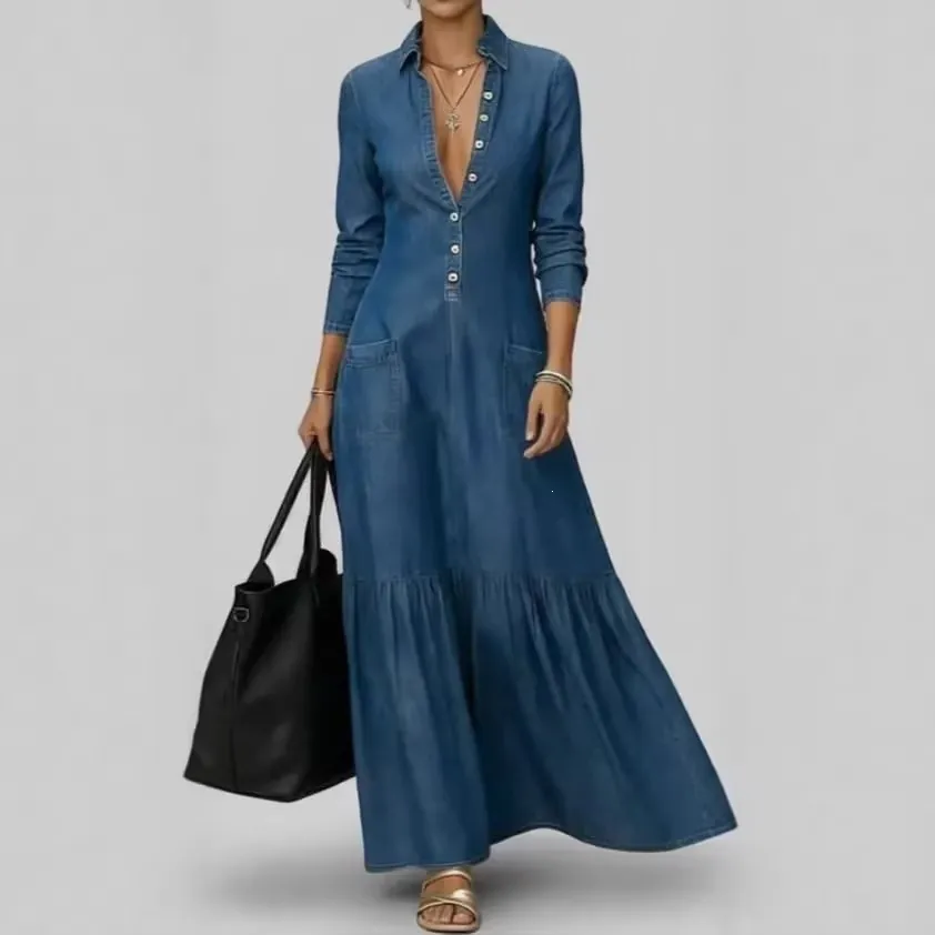 Women Retro Denim Maxi Dress Long Sleeve Large Lapel V Neck Tiered Hem Button Front Distressed Washed Casual Streetwear Dress