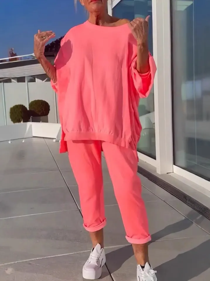 Damen Casual Einfarbig Rundhals Langarm Top Und Bottom Komfortabel 2025 Sommer Neu Mode Outfit