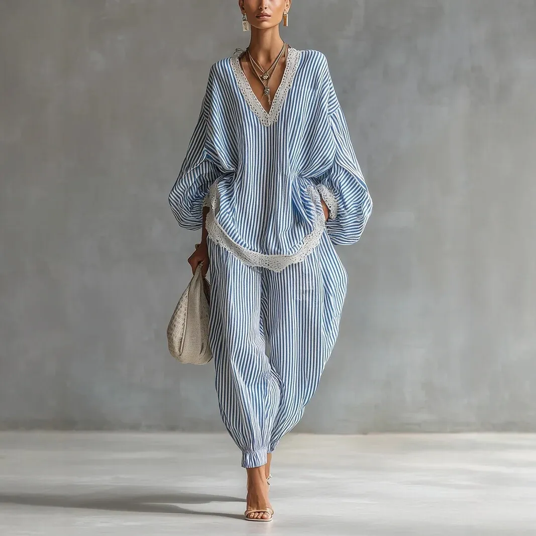 Women Blue White Striped Top And Bottom Set Lace Trim V Neck Lantern Sleeve Wide Leg Pants Loose Bohemian Casual Suit