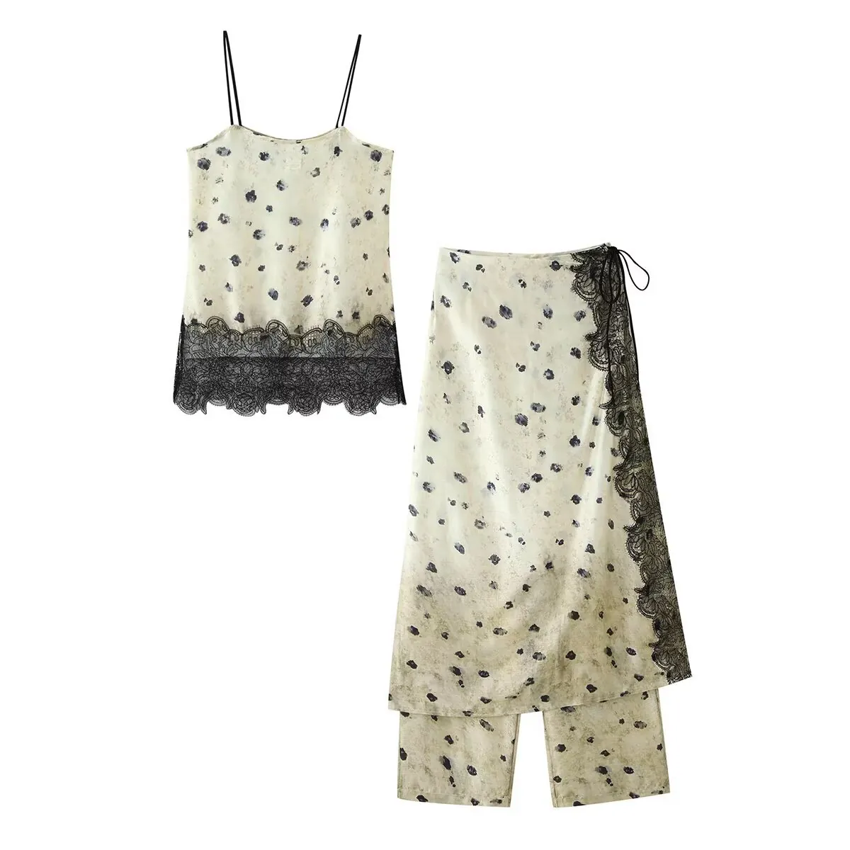 Top a Canotta in Raso con Stampa Floreale da Donna e Completo con Gonna Pantalone in Pizzo Outfits Estivi Senza Maniche