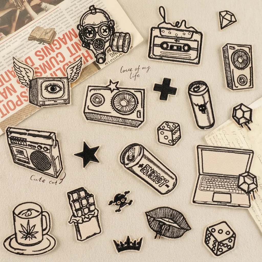 Retro Schets Geborduurde Patches Polyester DIY Decoratieve Stoffen Stickers Voor Kleding Tassen Schoenen Hoeden Retro Camera Tape Computer Opstrijkbaar