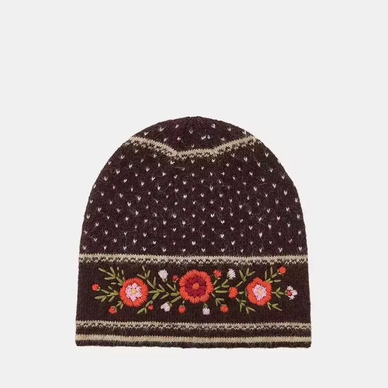 Handmade Floral Embroidered Knitted Winter Accessory Set For Women Cotton Beanie Hat Scarf And Arm Sleeves Warm Earmuffs