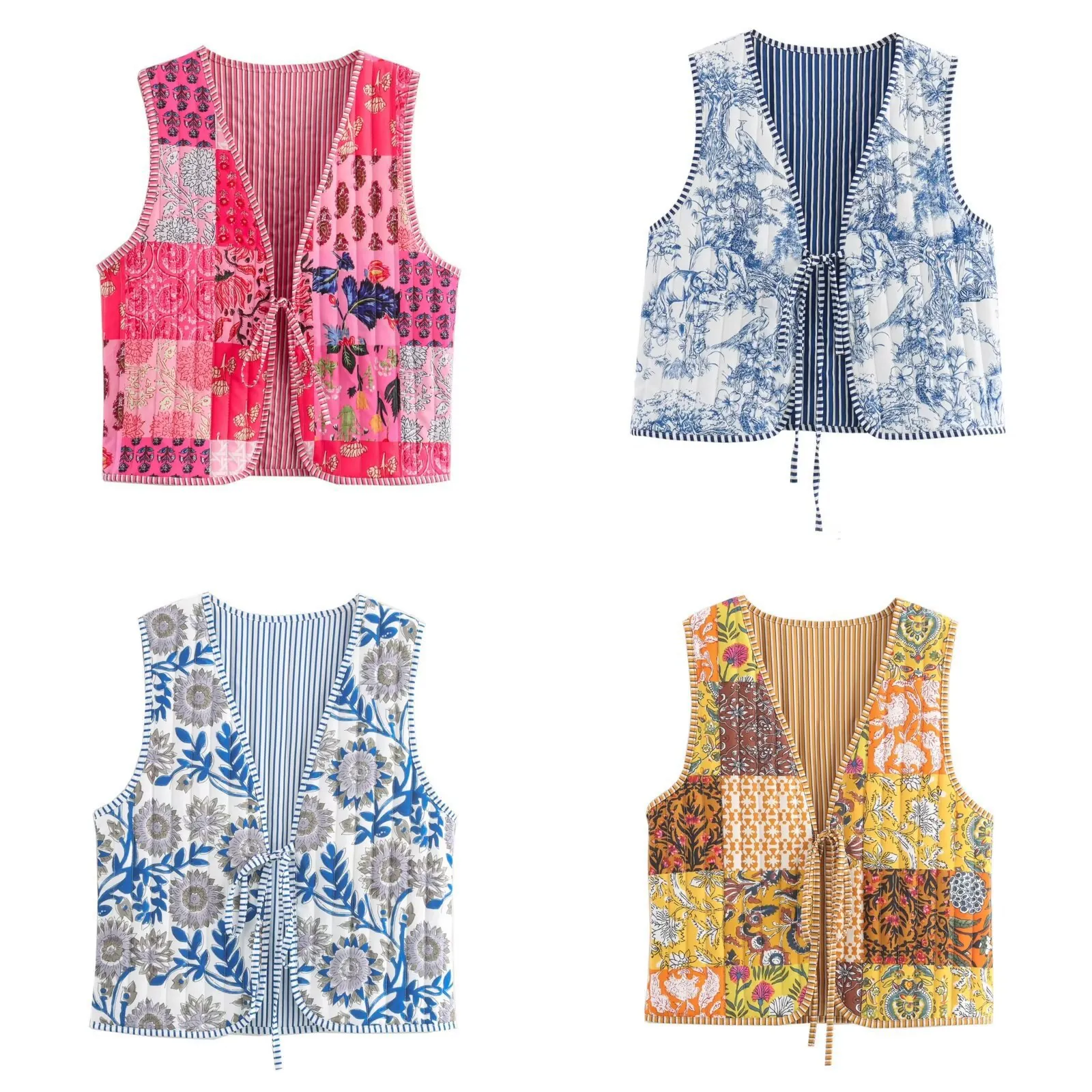 Women's Reversible Quilted Padded Vest Streetwear Floral Striped Print Sleeveless Waistcoat Tie Front Autumn Winter Outerwear