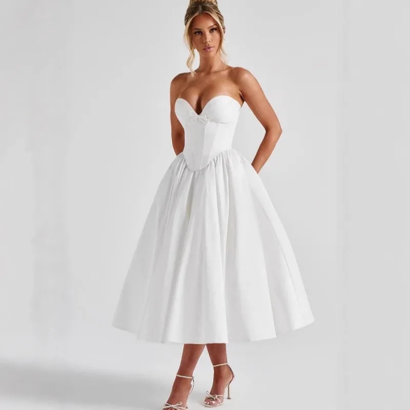 Frans Zoet Strik Strapless Corset Visgraat Slank Midi Jurk Polyester Vintage Elegant Avondfeest Jurk Voor Vrouwen