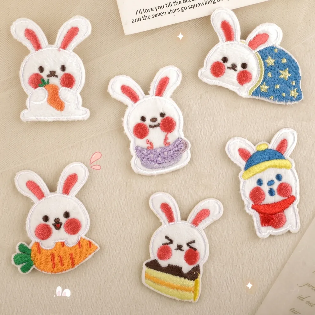 Écussons Brodés Lapin de Dessin Animé Mignon en Tissu Peluche Applique Auto-adhésive Pour Vêtements Sacs Chapeaux DIY
