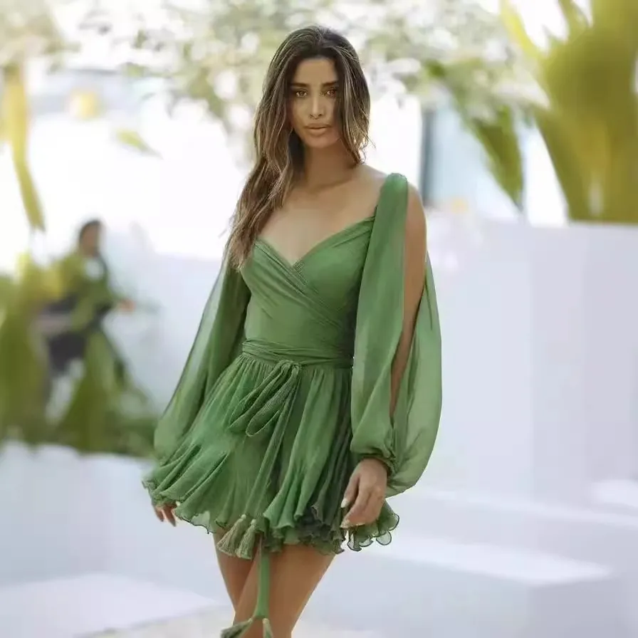 Robe Courte Sexy à Col en V Manches Lanternes Épaules Dénudées pour Femmes Imprimé Léopard Zèbre Couleur Unie Volants Chiffon