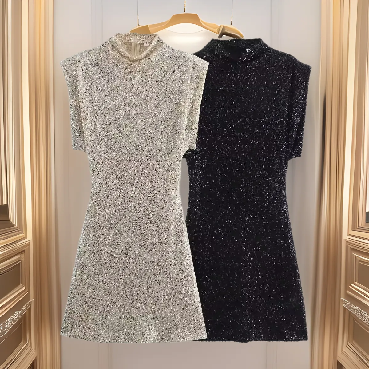 Damen Sexy Pailletten Ärmelloses Minikleid Elegant Schulterpolster Rundhals Bodycon Club Party Cocktail Abendkleid