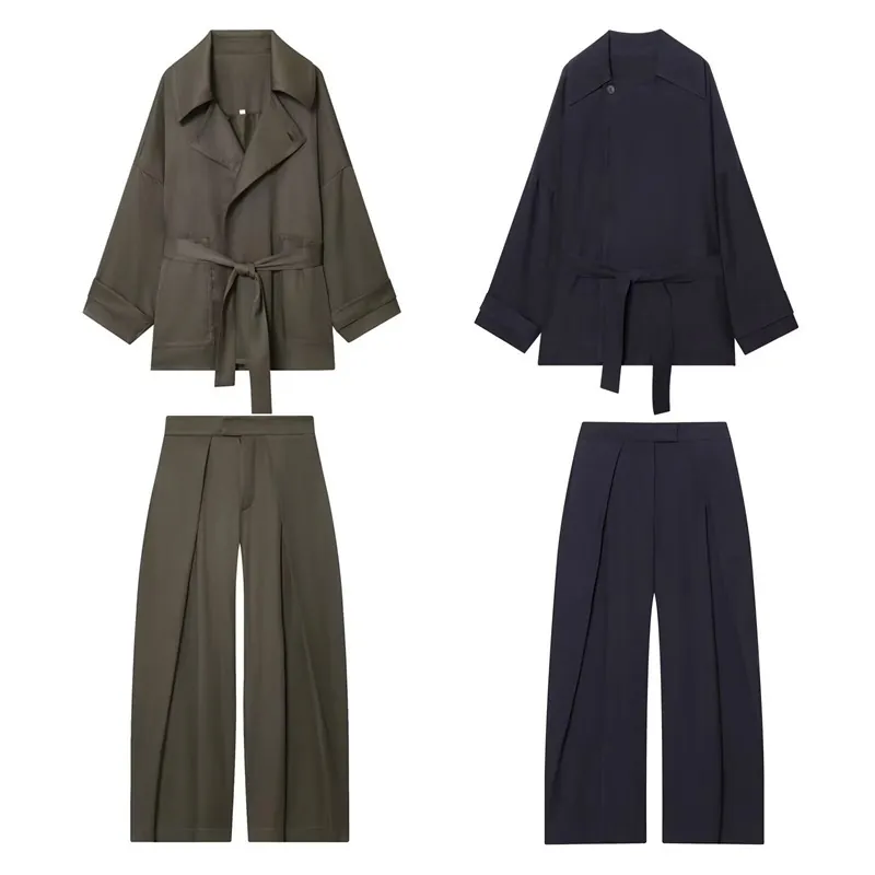 Dames Elegant Polyester Outfit Set Effen Lange Mouw Wikkeltop En Geplooide Wijde Pijpen Broek Tweedelig Pak Voor Woon-werkverkeer