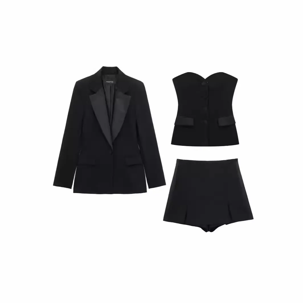 Conjunto de Chaqueta Blazer de Retazos con Textura de Satén para Mujer Top de Tubo y Parte Inferior Elegante Ajustado Slim Fit Trajes de Fiesta de Dos Piezas
