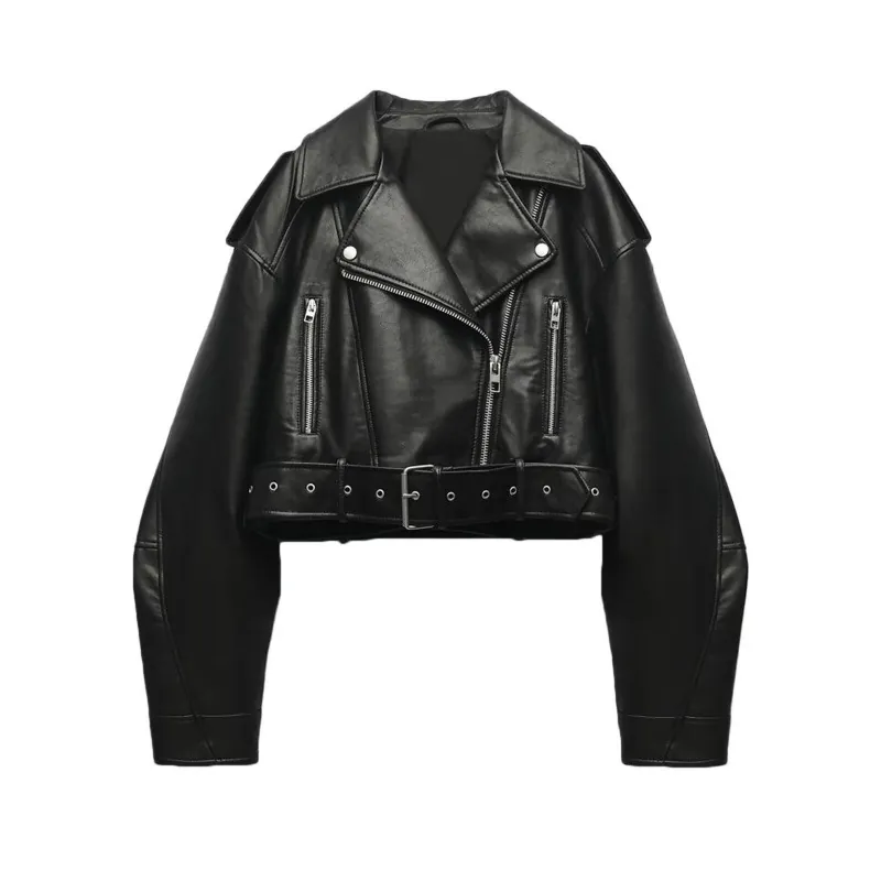 Veste de Motard Vintage en Simili Cuir pour Femme Courte Cropped PU Aviateur avec Ceinture et Poche Zippée Manteau Manches Longues