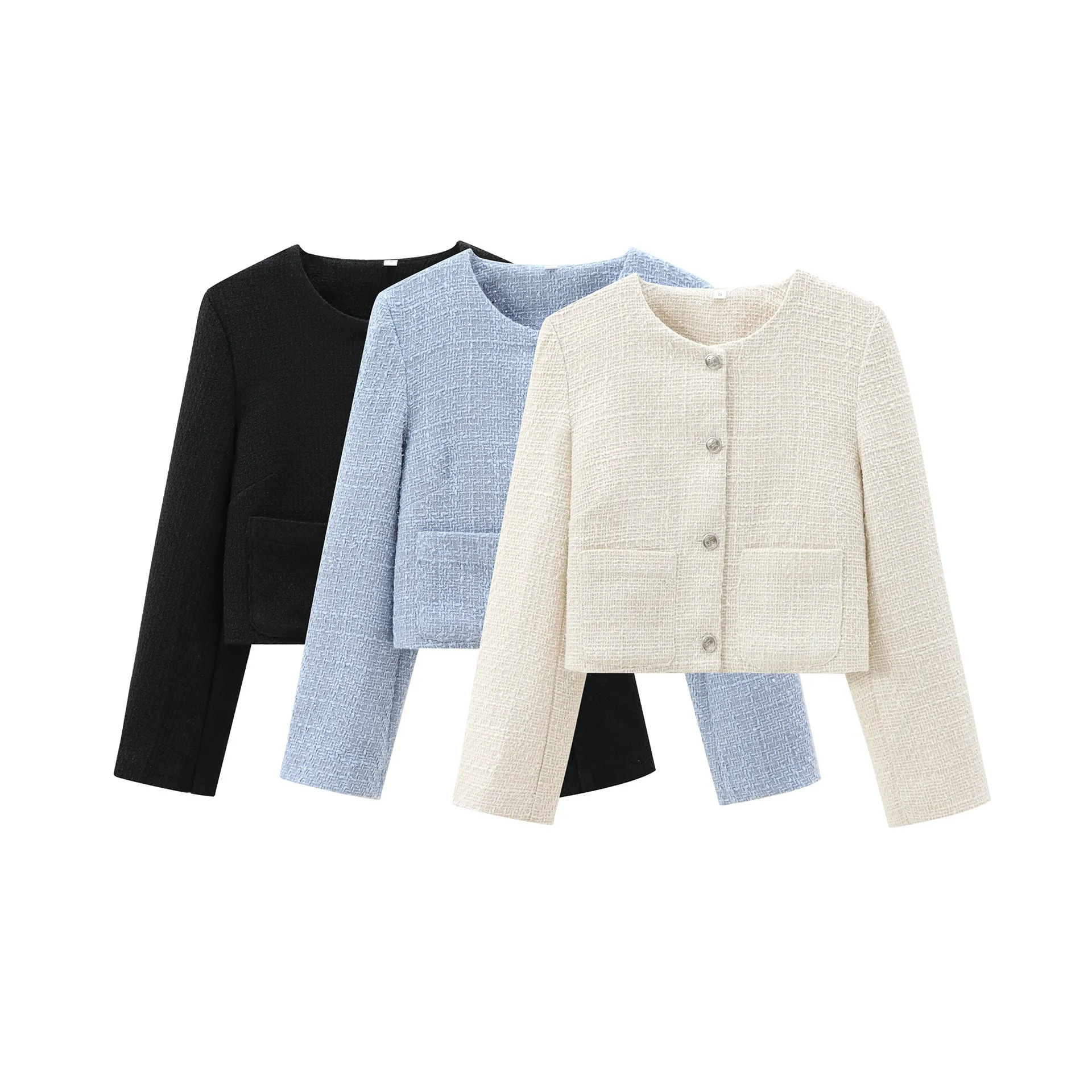 Women Elegant Polyester Tweed Jacket Round Neck Short Coat Vintage Spliced Texture Outerwear Urban Fashion Lady Jacket
