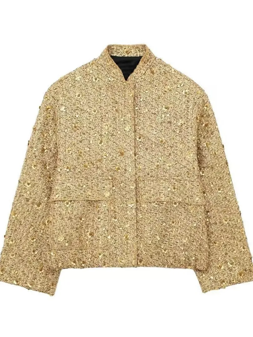 Damen Goldene Pailletten Tweed Jacke Stehkragen Reguläre Passform Langarm Top Streetwear Party Schimmernde Kurze Oberbekleidung