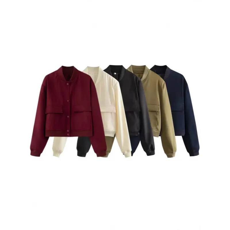 Veste pour Femme Style Occidental Col Montant Grandes Poches Boutons Manches Longues Bordure Côtelée Polyester Bomber Court Streetwear Décontracté