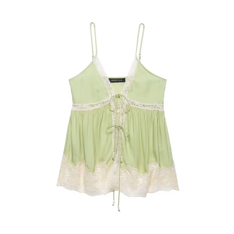 Women's Sexy Lace Patchwork Cami Top Satin V Neck Tie Front Adjustable Strap Sleeveless Slim Fit Summer Tank Top