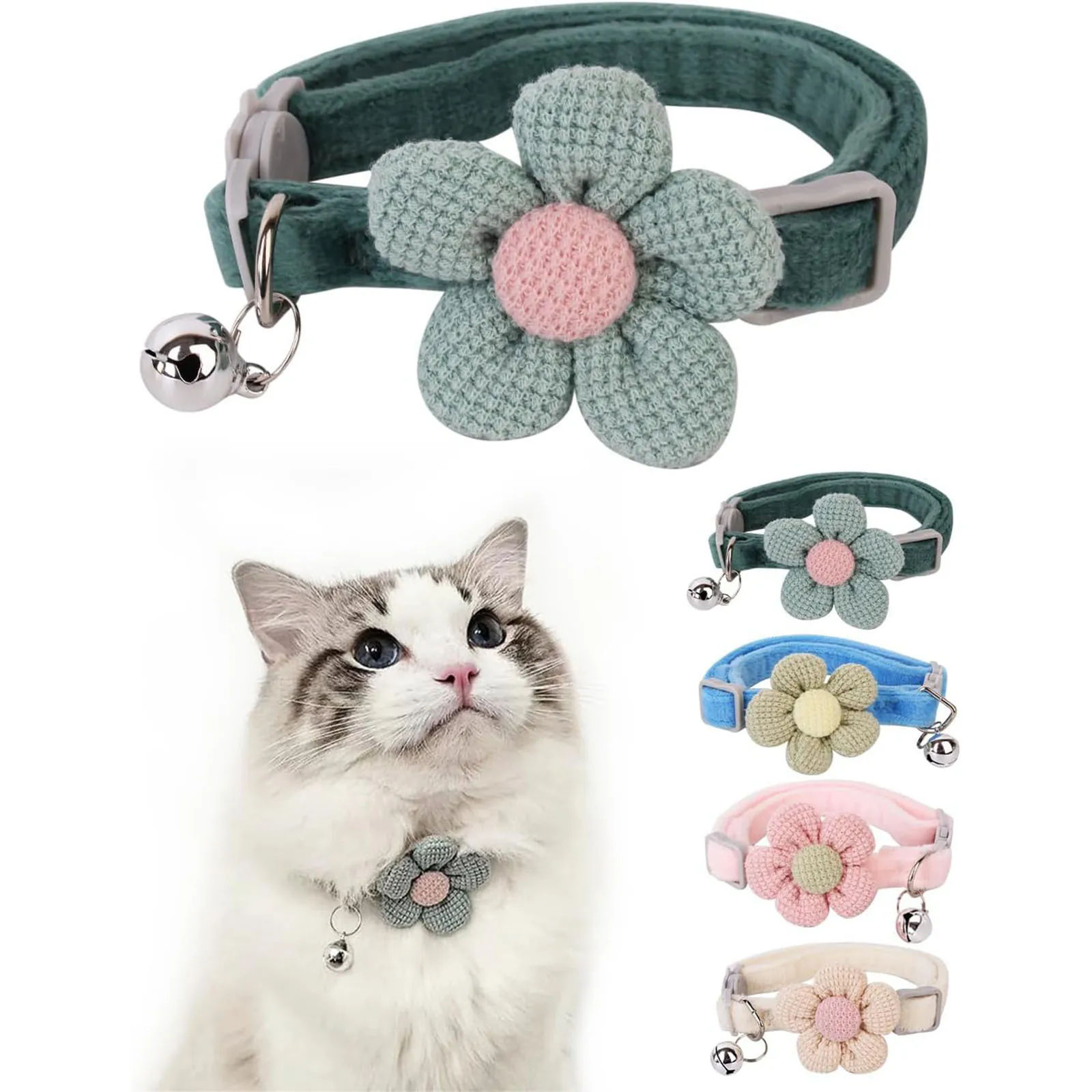 Adjustable Yarn Pet Flower Bell Collar Metal Bell Plastic Buckle Neck Strap Soft Handcrafted Necklace For Cats Dogs Accessory