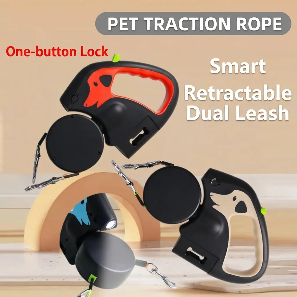 Dubbele Kop Automatisch Intrekbare Hondenriem Met LED Verlichting 360 Knoopvrije Tractie Met Poepzakhouder Voor Honden Nachtwandelen