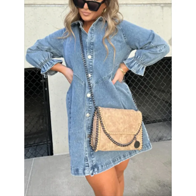 Vestito a Camicia in Denim da Donna Maniche a Lanterna Monopetto Cotone Lavato Casual Abito Mini Largo