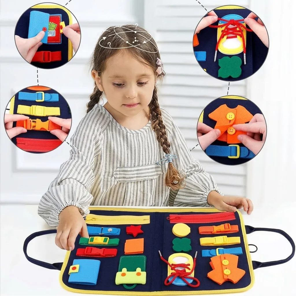 Tableau d'Activité Montessori en Feutre pour Enfants Jouet Sensoriel Éducatif Motricité Fine Apprentissage des Compétences de Vie Jouet de Voyage