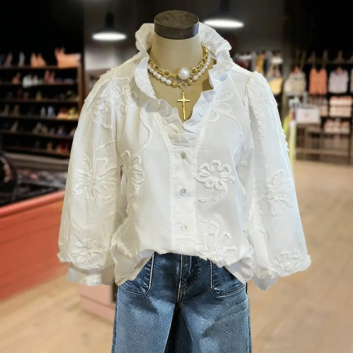 Women V Neck Embroidered Ruffle Puff Sleeve Shirt Casual Resort Cotton Floral Top Vintage Long Sleeve Cord Embroidery Blouse