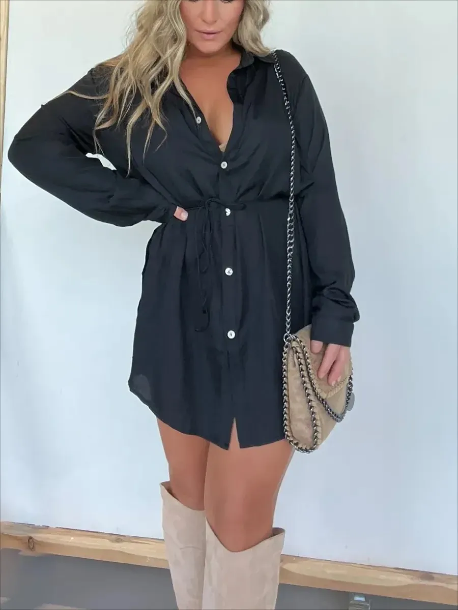 Damen Langarm Hemd Playsuit Jumpsuit Mit Knöpfen Revers Tunnelzug Taille Einfarbig Polyester Lässig Mode Overall