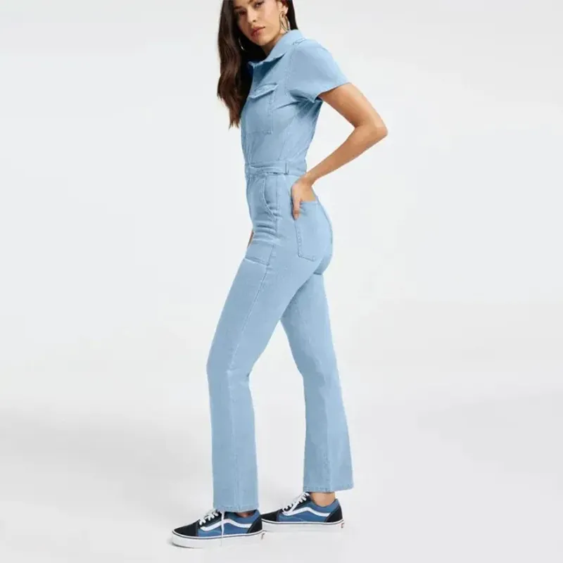 Combinaison Style Denim Coupe Slim pour Femme Manches Courtes Revers Poche Grande Taille Taille Haute Pantalon Long Casual