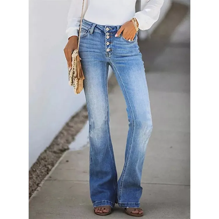 Jeans Donna a Vita Alta a Zampa Retro con Bottoni Multipli Lavati Distratti Slim Fit Denim Elasticizzato