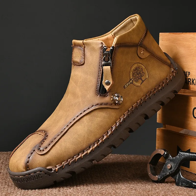 Botas Martin Vintage para Hombre High Top Cremallera Lateral Botas de Trabajo Cosidas a Mano Antideslizante Cálido Cuero de Microfibra