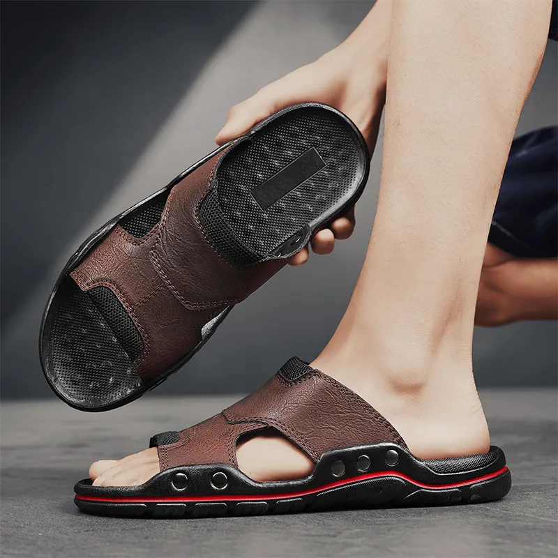 Herren Lässige Mikrofaser Leder Pantoletten Nieten Dekor Rutschfeste Sommer Outdoor Strand Sandalen Atmungsaktive Flip Flops