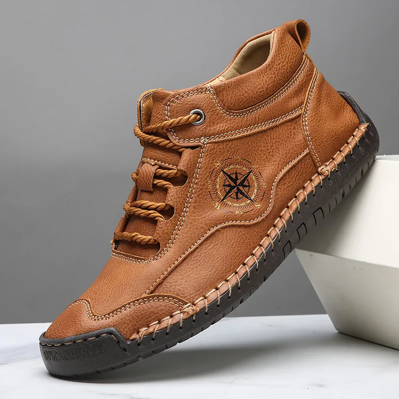 Herren Mikrofaser Leder Martin Stiefel Handgenäht Kompass Muster High Top Arbeitsstiefel Rutschfeste Gummisohle Casual Outdoor Schuhe
