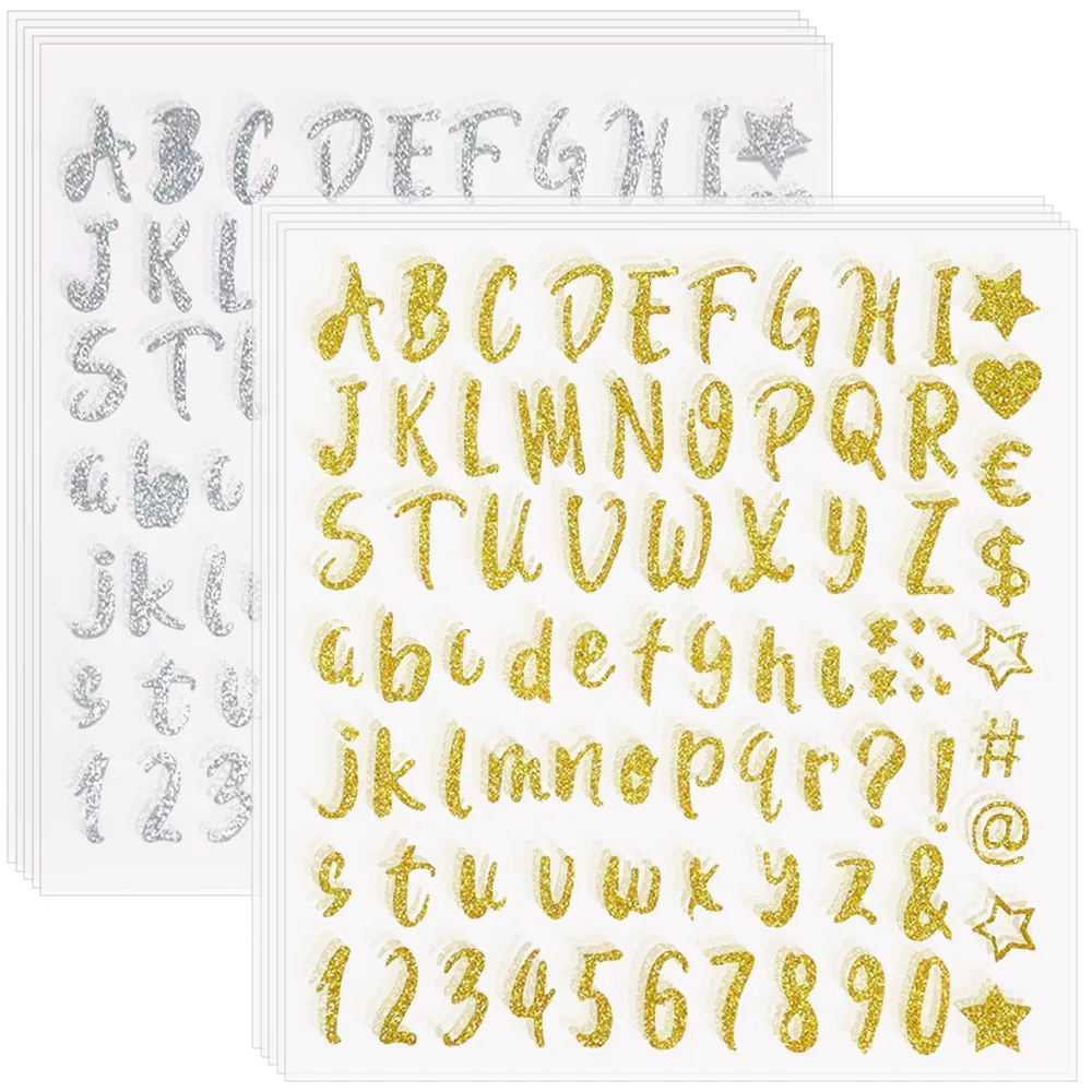 Pegatinas de Letras y Números con Purpurina Dorado Plateado Calcomanías de Letras Brillantes Impermeables Decoración DIY Para Álbum Taza
