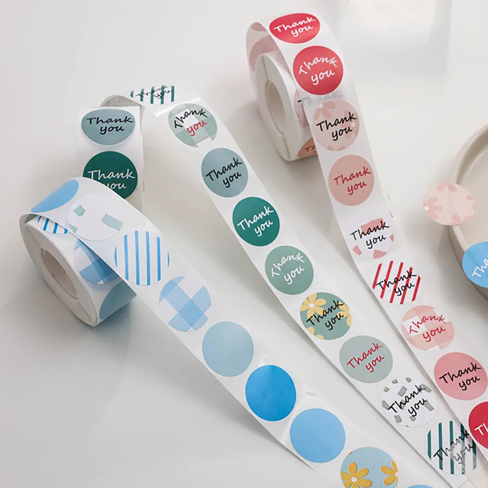 Thank You Stickers Roll Round Adhesive Seal Labels Floral Stripe Plaid Pattern For Gift Packaging Envelope Mailer Small Business