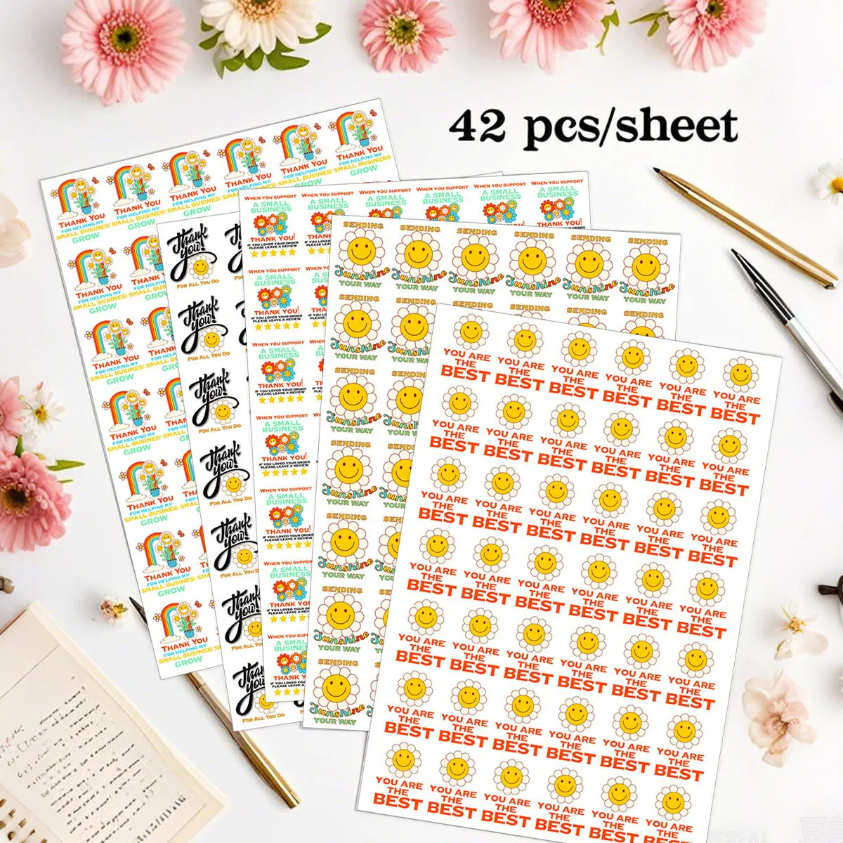 Daisy Thank You Stickers 5 Styles For Small Business Sealing Labels Smiley Face Rainbow Floral Printed Packaging Stickers